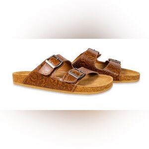 Myra hand tooled leather sandals with cork soles, sz 9.